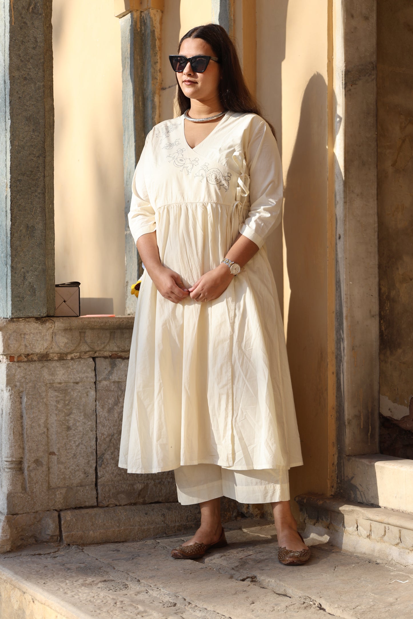 Angrakha Cotton Kurta Set with Saura Hand-Painted Motifs